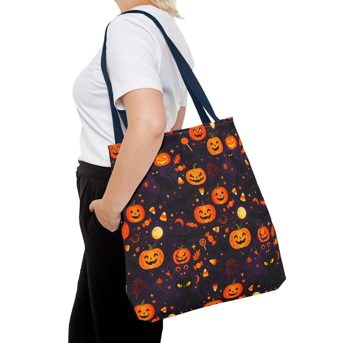 RINA J. Original | Halloween Pumpkin Pattern Tote Bag | Cute Jack-O'-Lantern All-Over Print