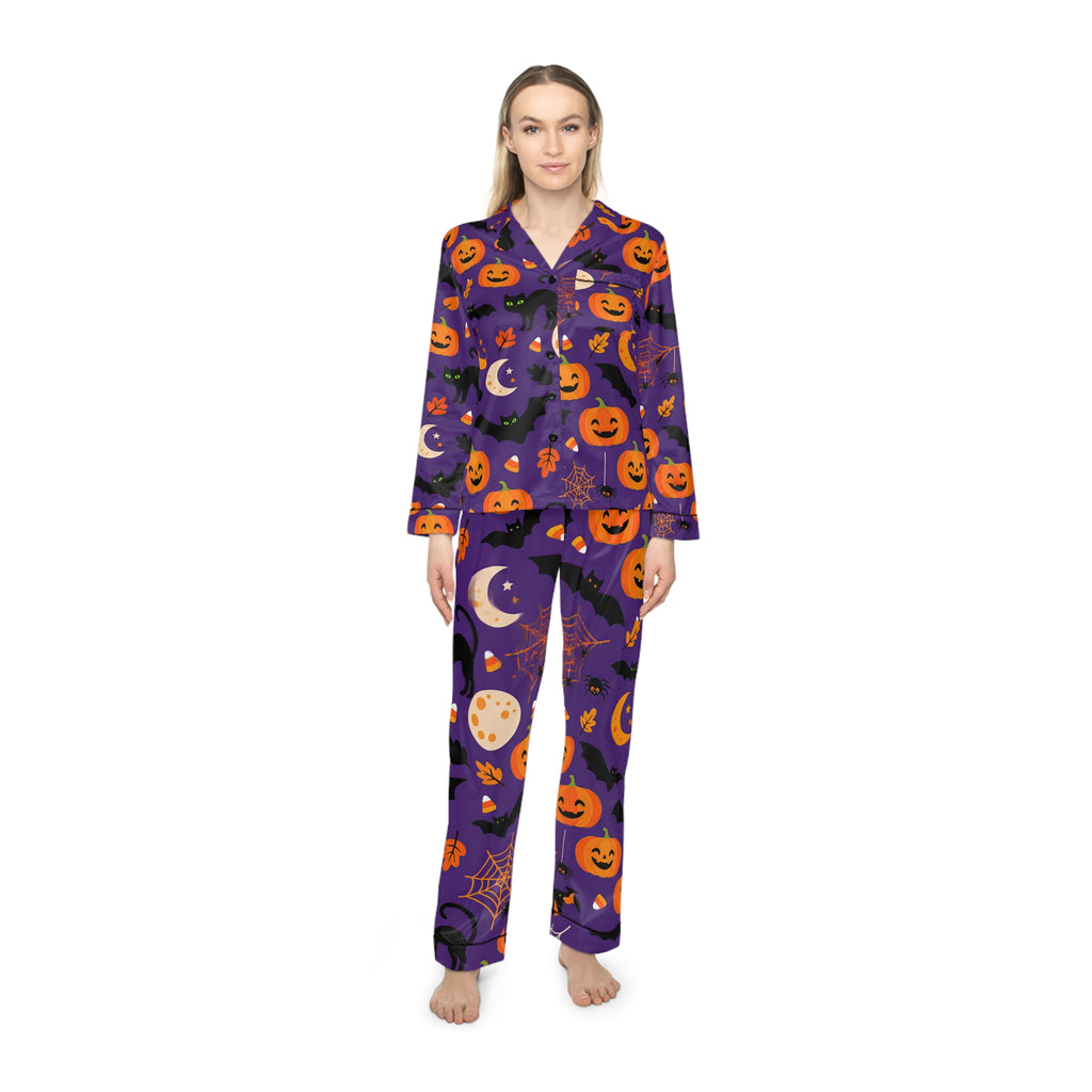 RINA J. Original | Halloween Satin Pajama Set | Purple Pumpkin & Black Cat Sleepwear