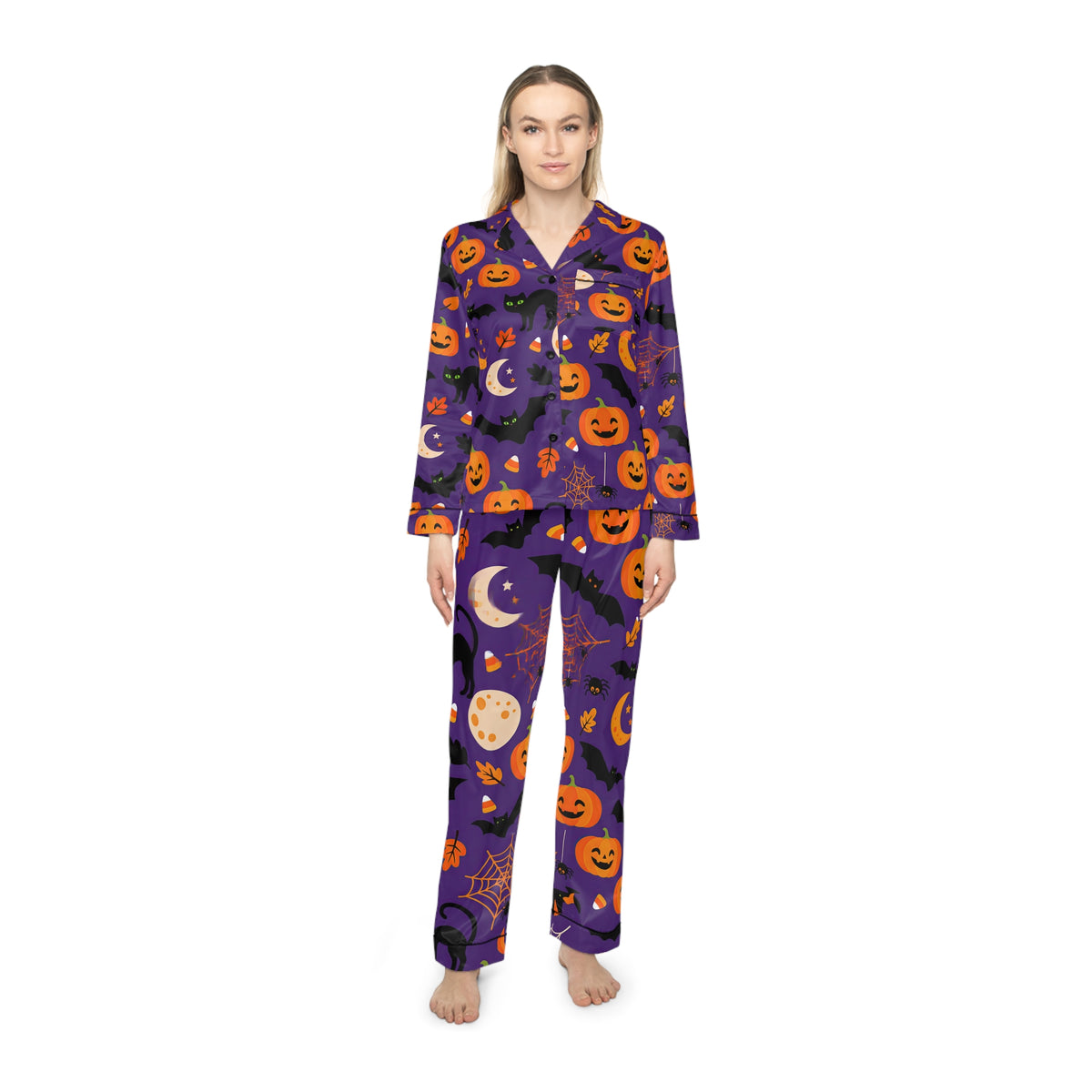 RINA J. Original | Halloween Satin Pajama Set | Purple Pumpkin & Black Cat Sleepwear