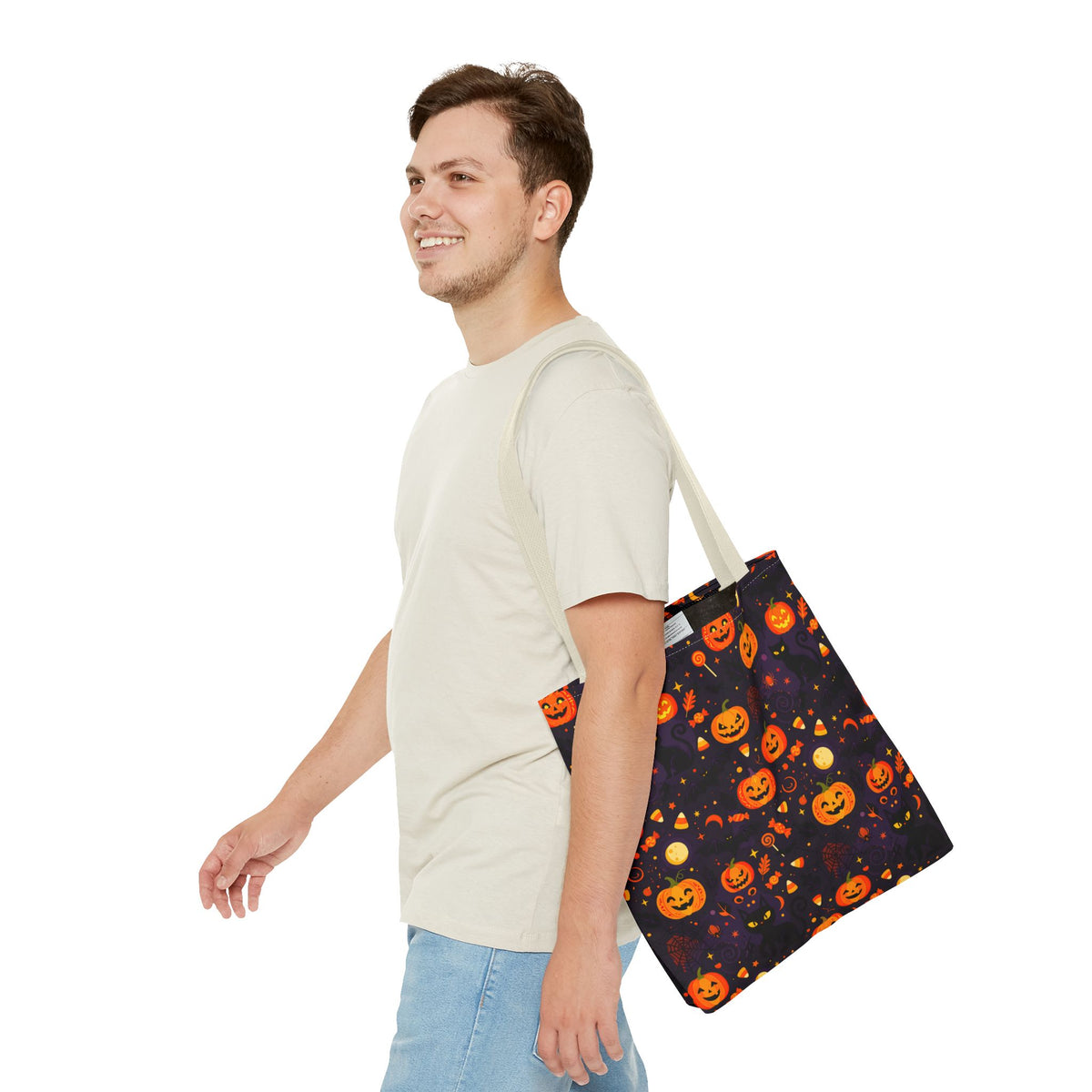 RINA J. Original | Halloween Pumpkin Pattern Tote Bag | Cute Jack-O'-Lantern All-Over Print