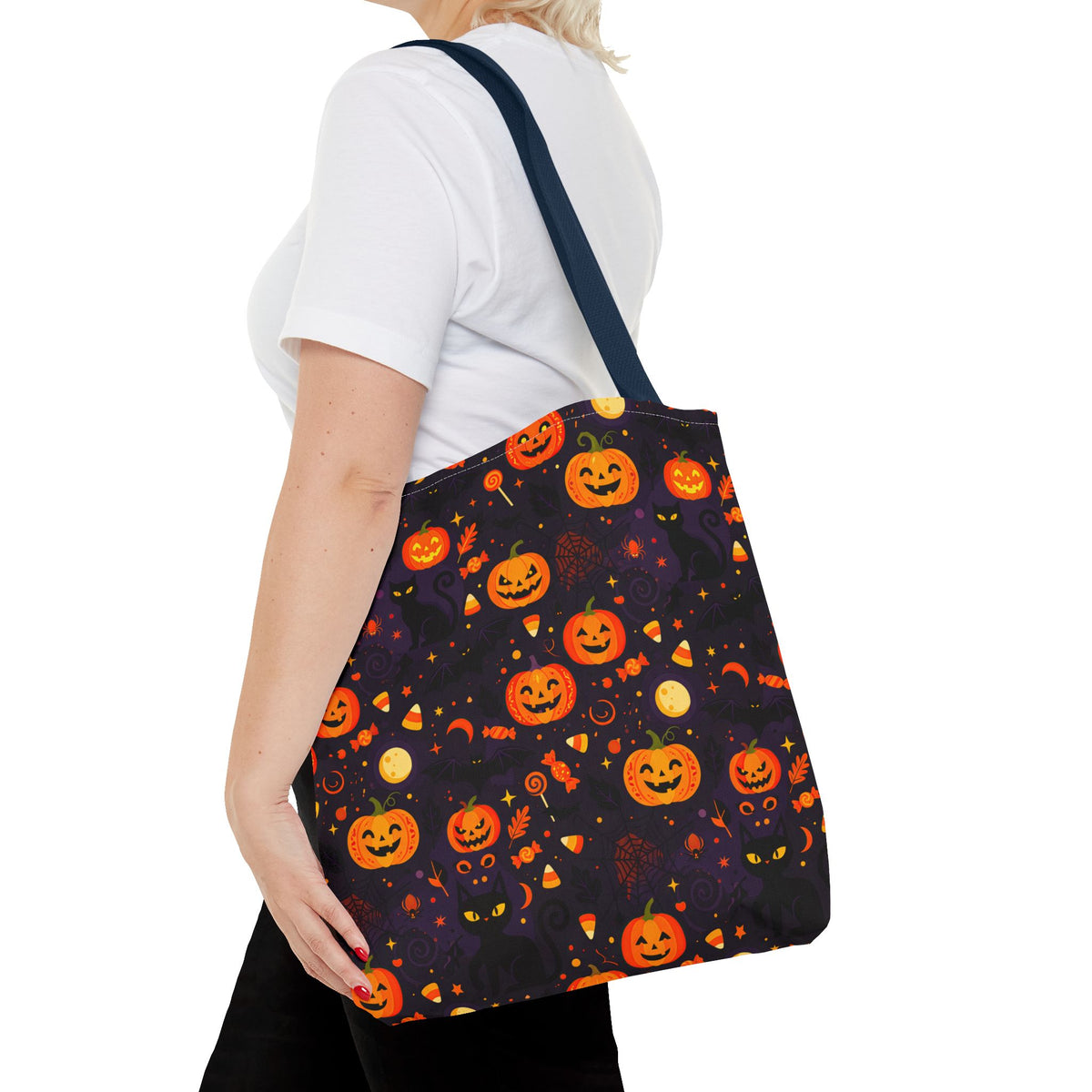 RINA J. Original | Halloween Pumpkin Pattern Tote Bag | Cute Jack-O'-Lantern All-Over Print