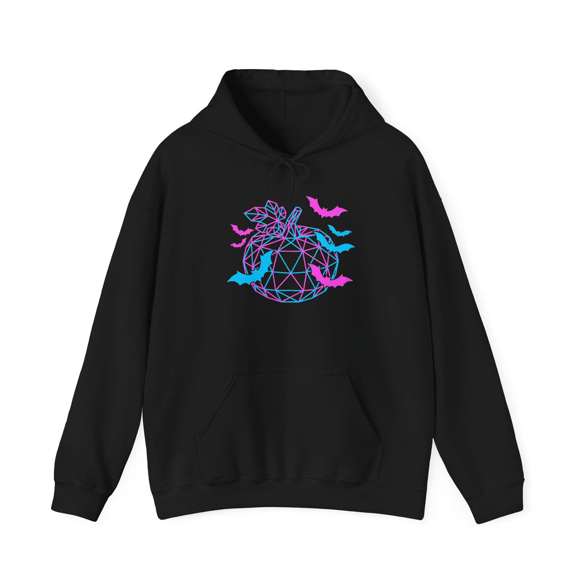 RINA J. Original | Neon Geometric Pumpkin Hoodie - Pink & Cyan Bat Graphic, Black/Charcoal
