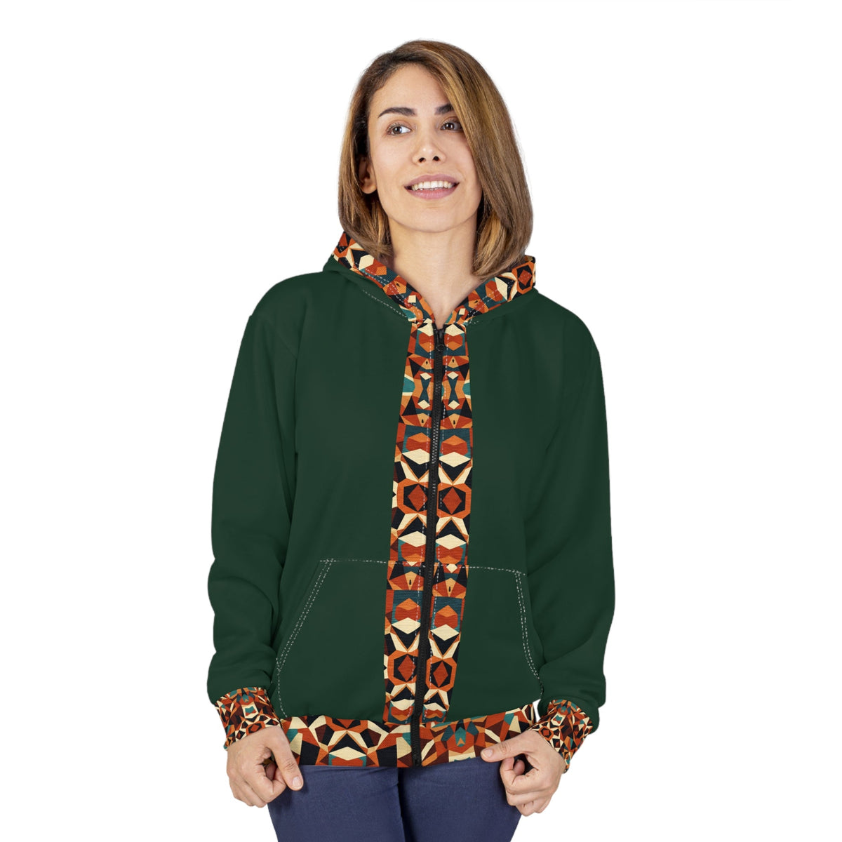 RINA J. Streetwear Original | Forest Green Geometric Accent Zip Hoodie - Autumn Mosaic Athleisure