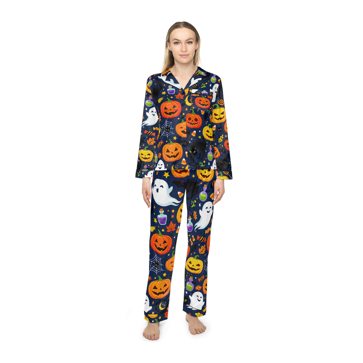 RINA J. Original | Halloween Satin Pajama Set | Pumpkin & Ghost Print Sleepwear