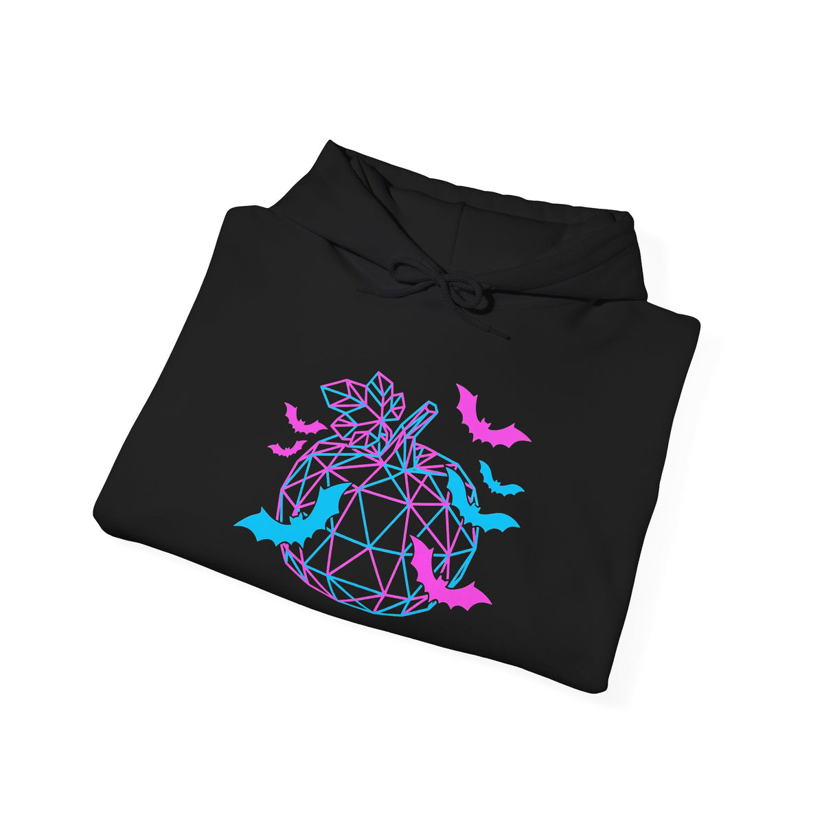 RINA J. Original | Neon Geometric Pumpkin Hoodie - Pink & Cyan Bat Graphic, Black/Charcoal