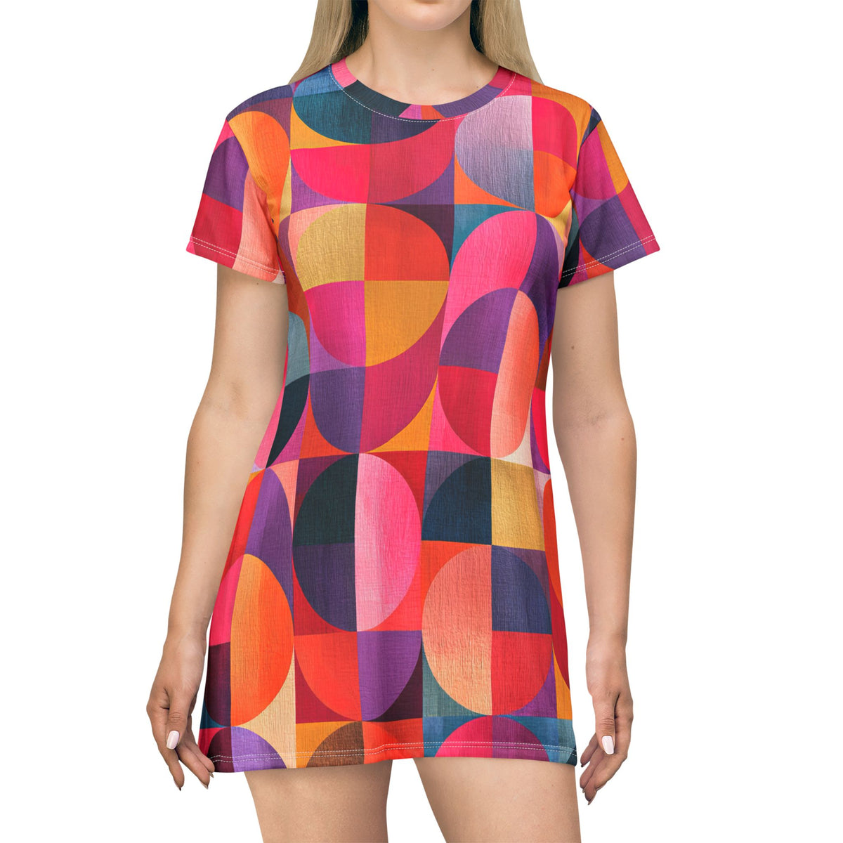 RINA J. Original Design "Circular Illusion" | Geometric Retro Circle Print T-Shirt Dress