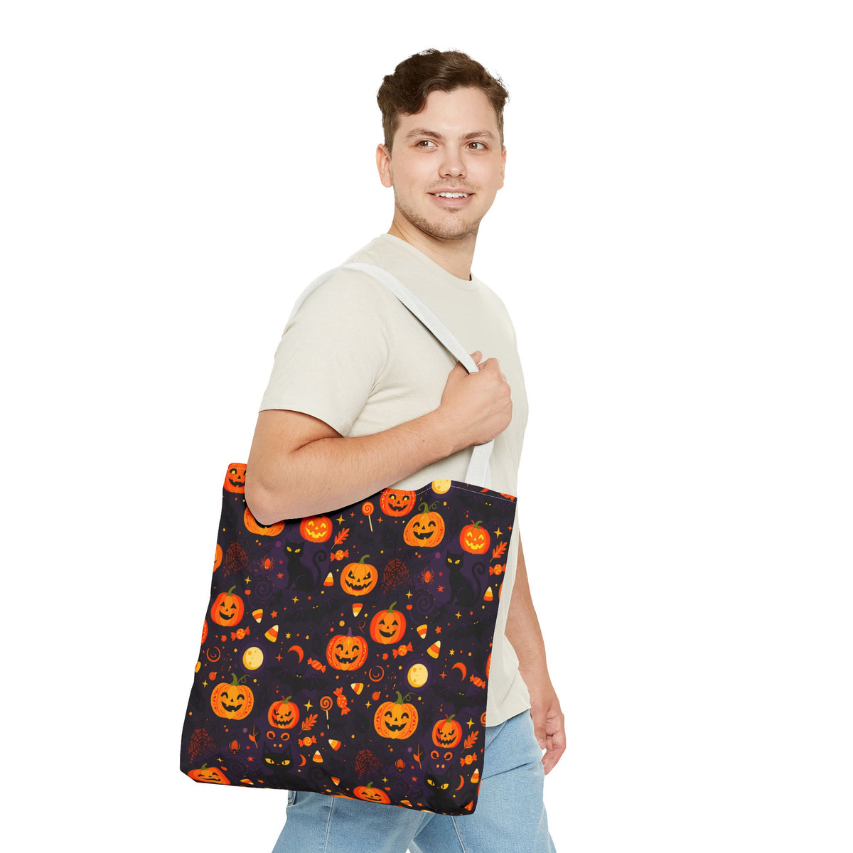 RINA J. Original | Halloween Pumpkin Pattern Tote Bag | Cute Jack-O'-Lantern All-Over Print