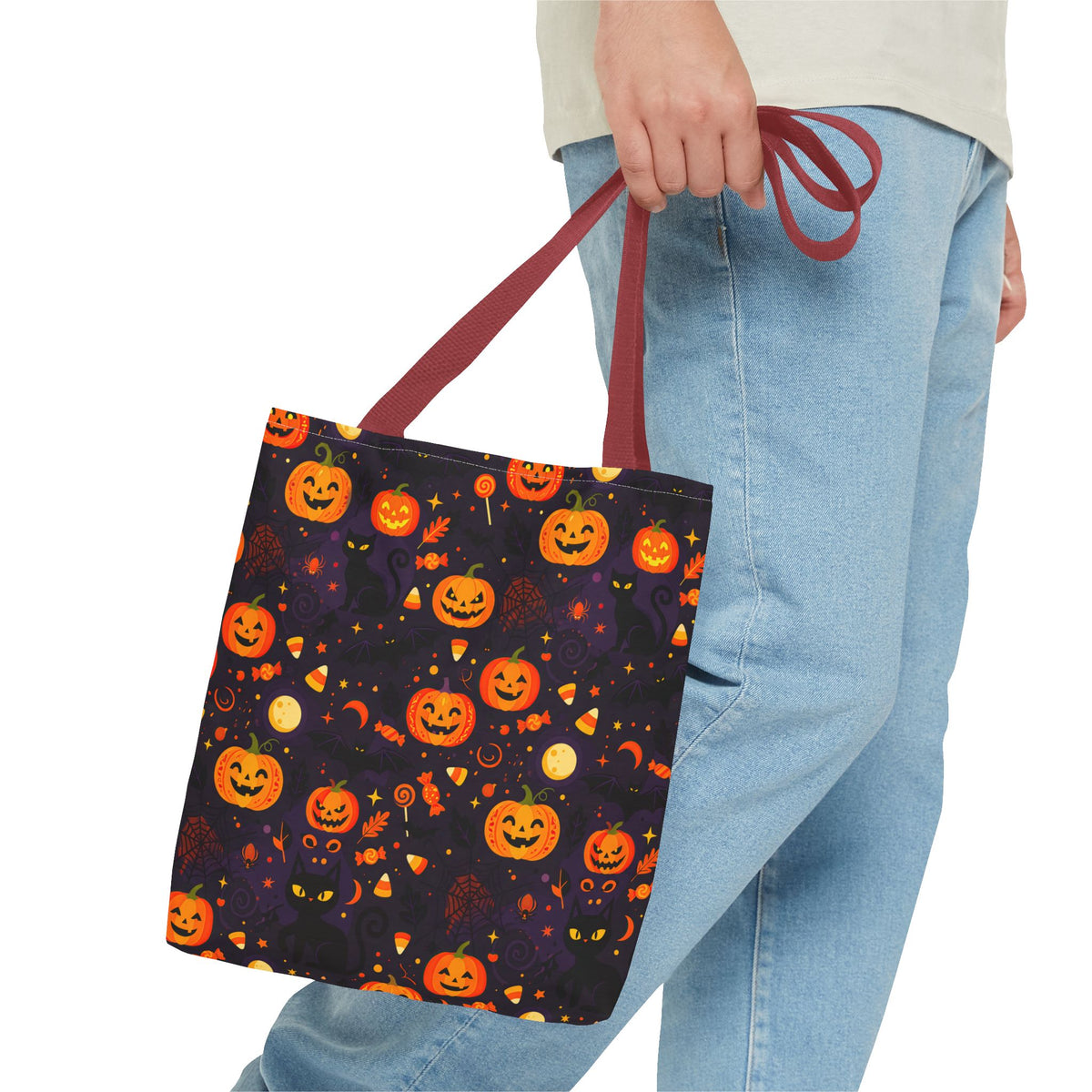 RINA J. Original | Halloween Pumpkin Pattern Tote Bag | Cute Jack-O'-Lantern All-Over Print