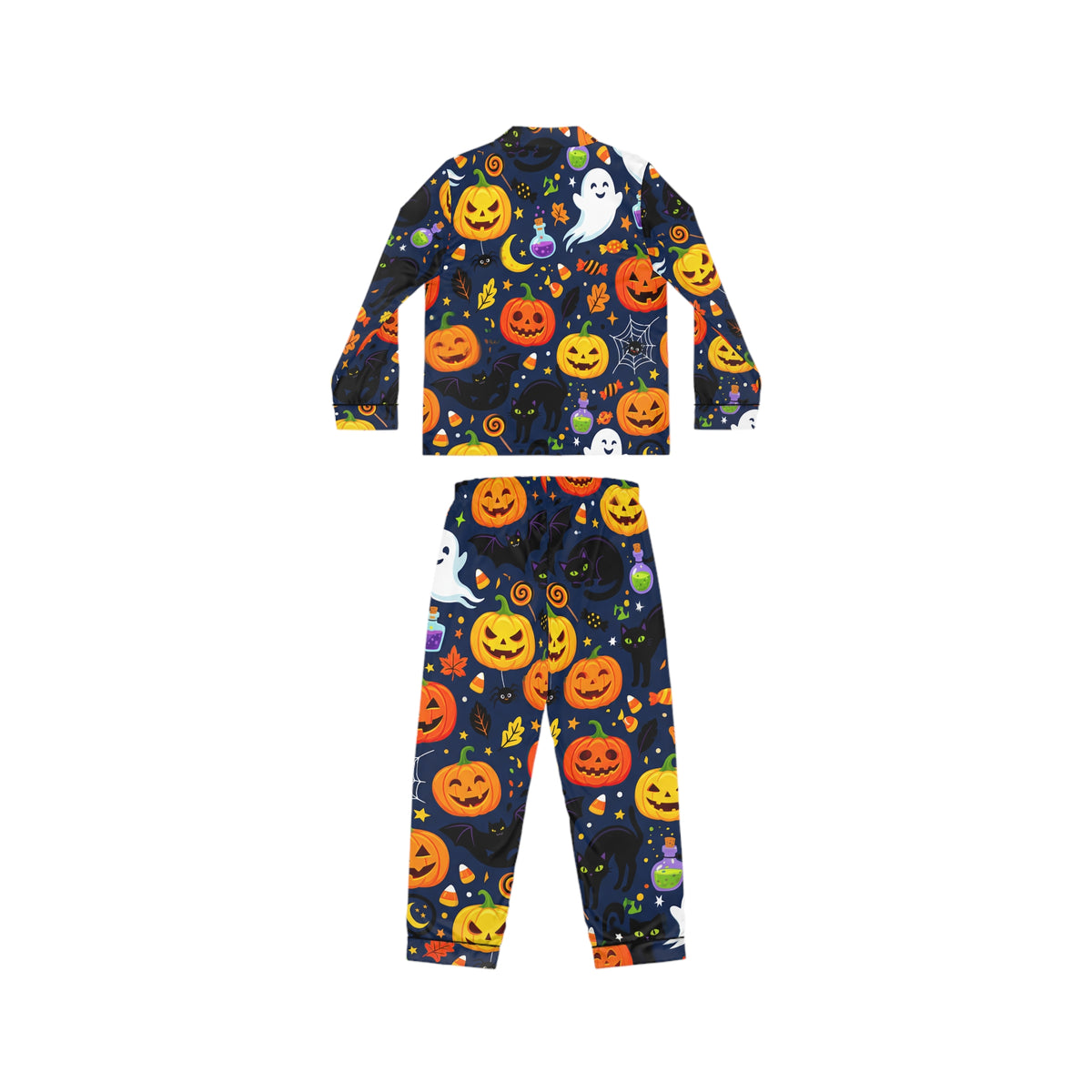 RINA J. Original | Halloween Satin Pajama Set | Pumpkin & Ghost Print Sleepwear