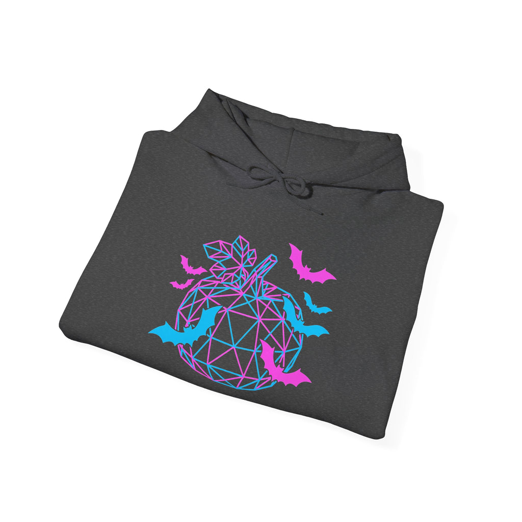 RINA J. Original | Neon Geometric Pumpkin Hoodie - Pink & Cyan Bat Graphic, Black/Charcoal