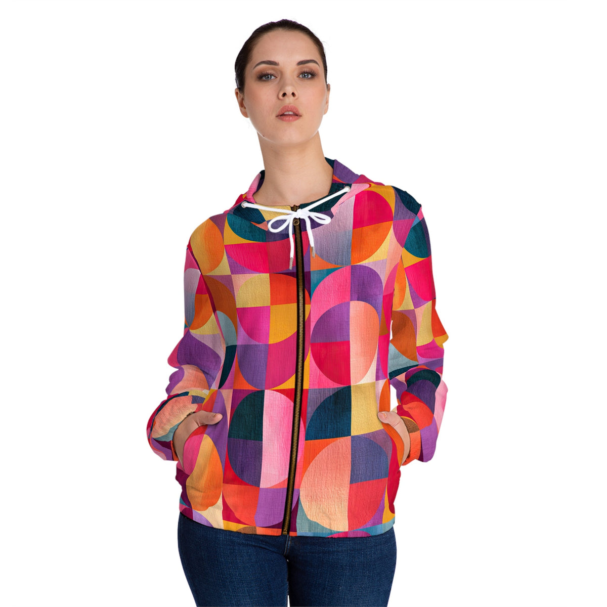 RINA J. Streetwear Original "Circular Illusion" | Women's Geometric Colorblock Full-Zip Hoodie