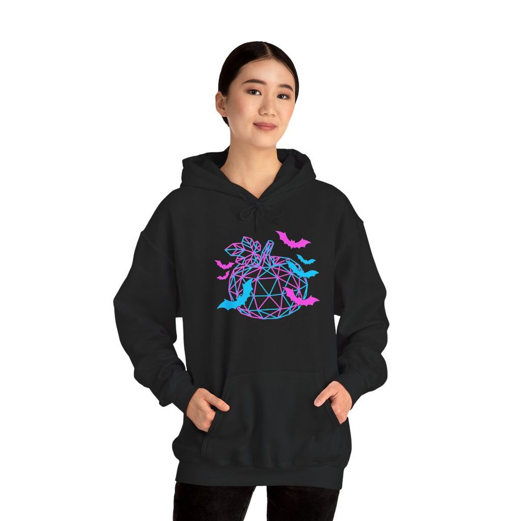 RINA J. Original | Neon Geometric Pumpkin Hoodie - Pink & Cyan Bat Graphic, Black/Charcoal