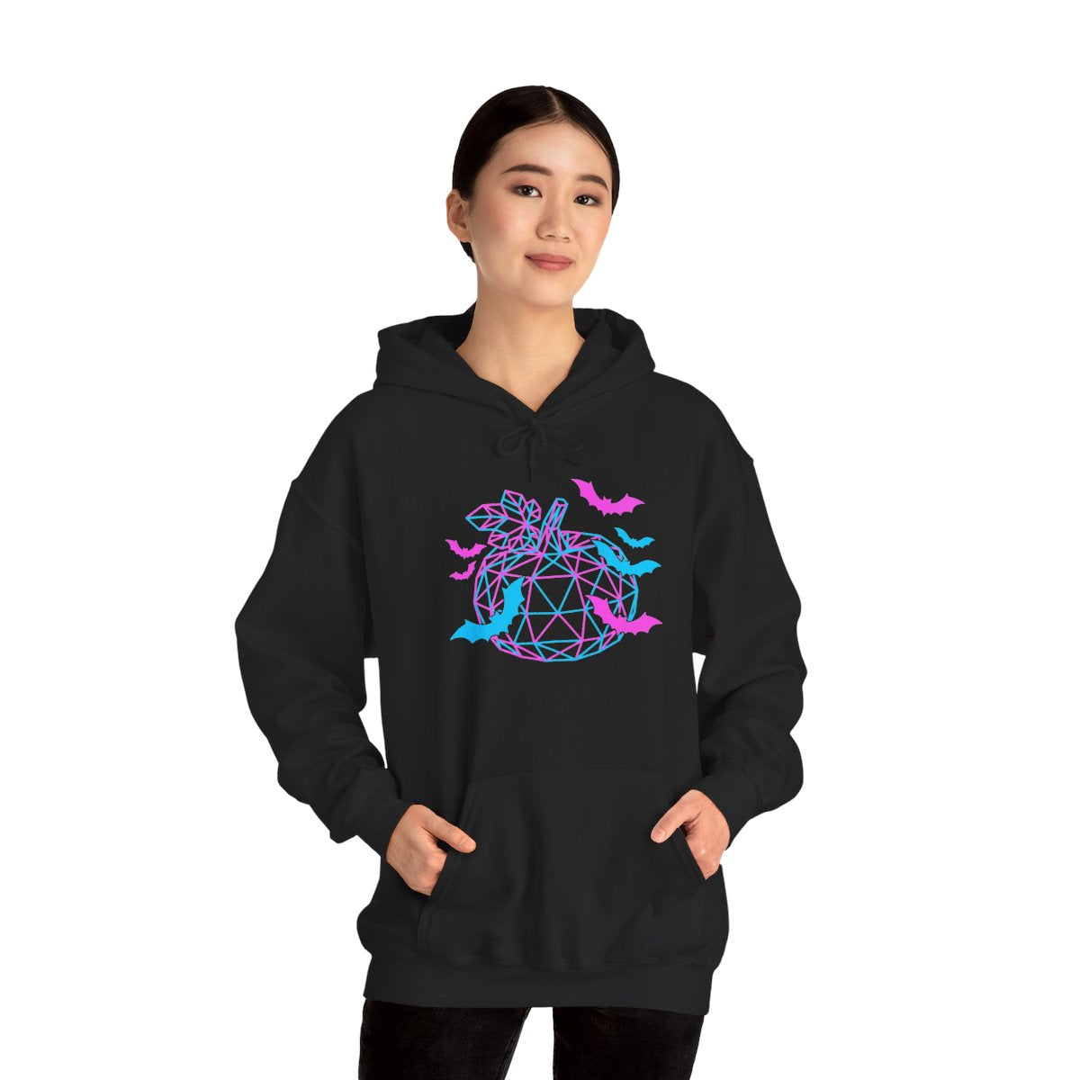RINA J. Original | Neon Geometric Pumpkin Hoodie - Pink & Cyan Bat Graphic, Black/Charcoal