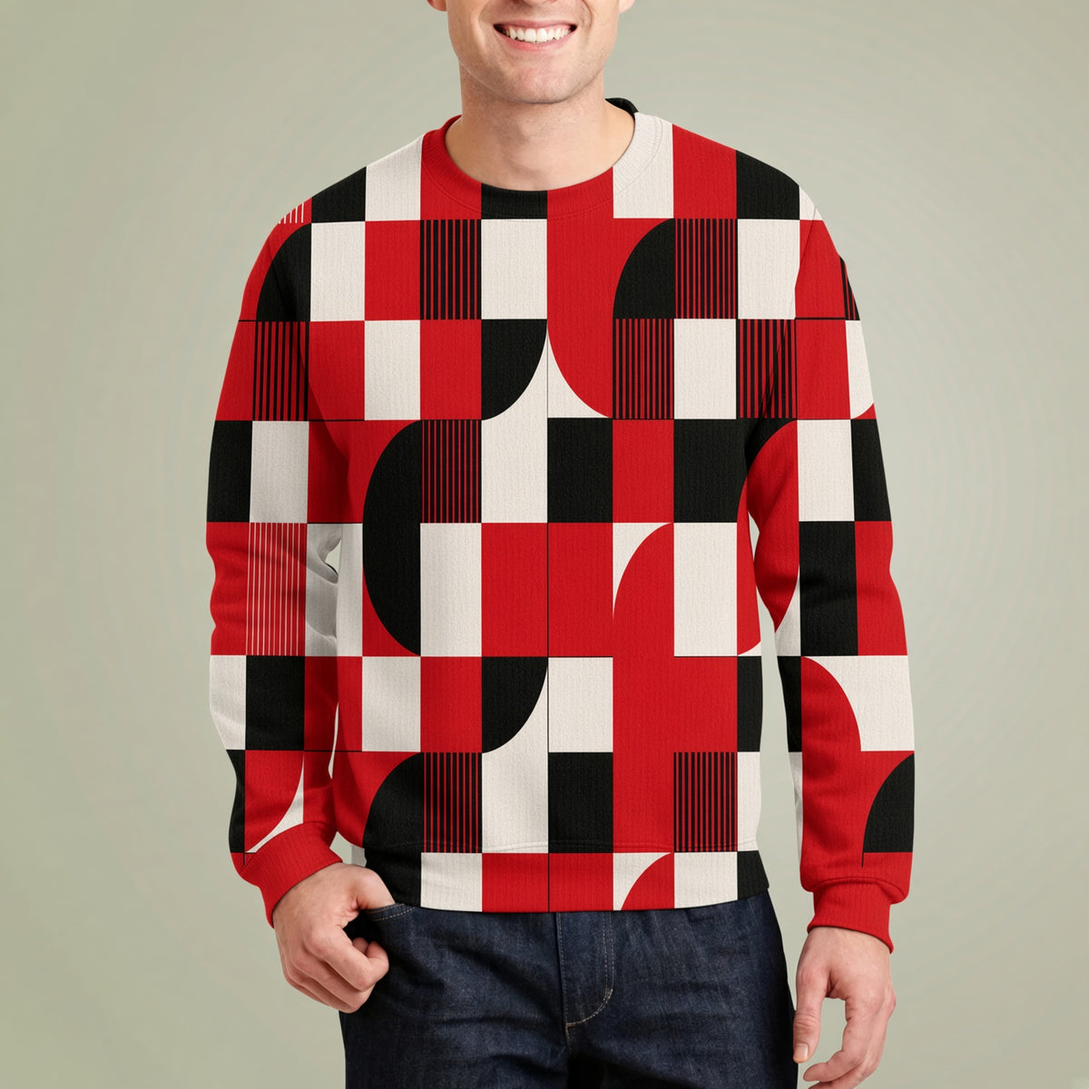 RINA J. Original “Holiday Remix” | Red & Black Geometric Crewneck Pullover - UNISEX