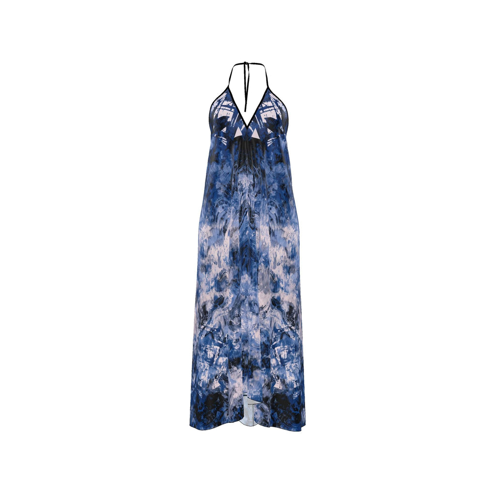 RINA J. Streetwear Elevate | Blue Abstract Silk Satin Halterneck Backless Dress Scarf Purse Sold Separately