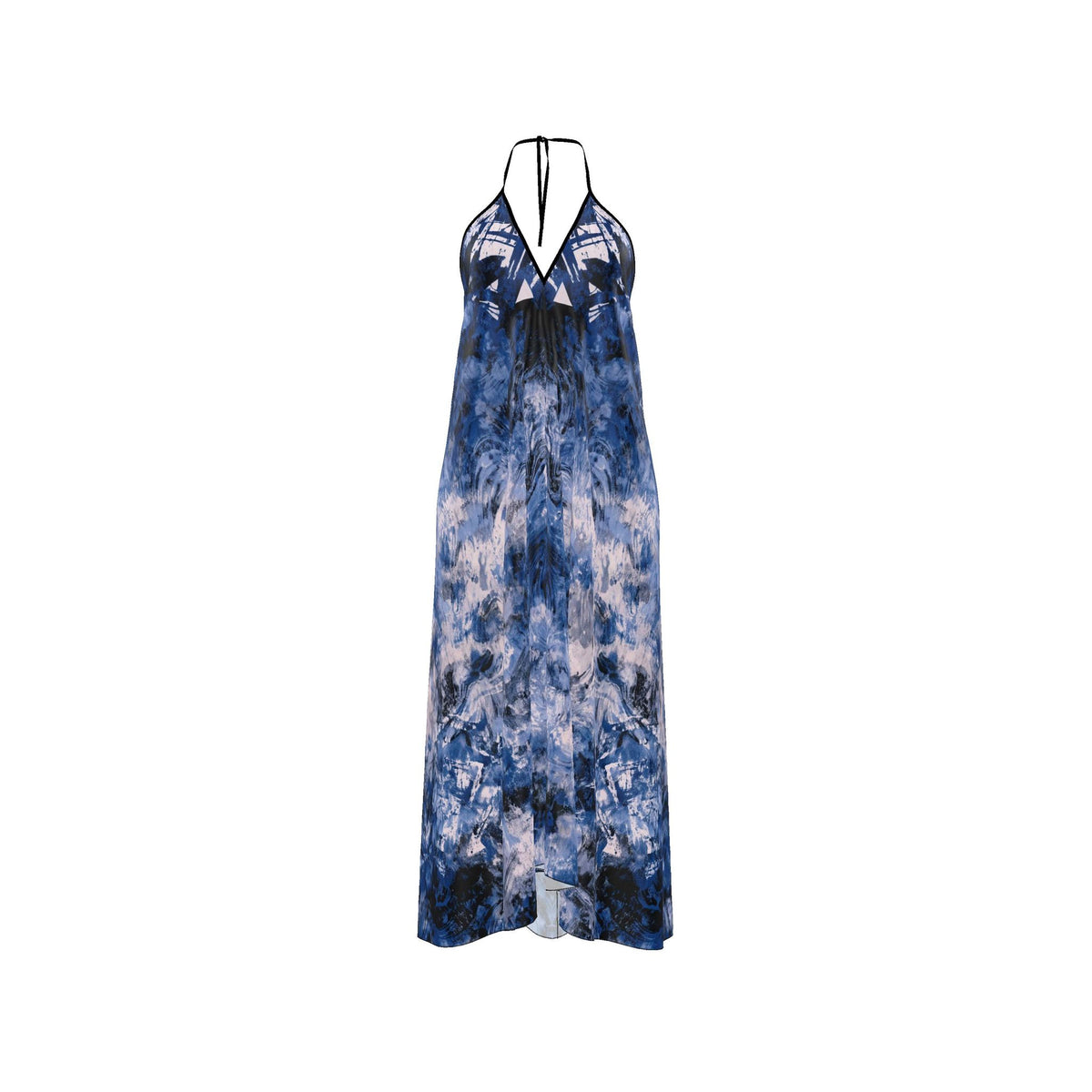 RINA J. Streetwear Elevate | Blue Abstract Silk Satin Halterneck Backless Dress Scarf Purse Sold Separately