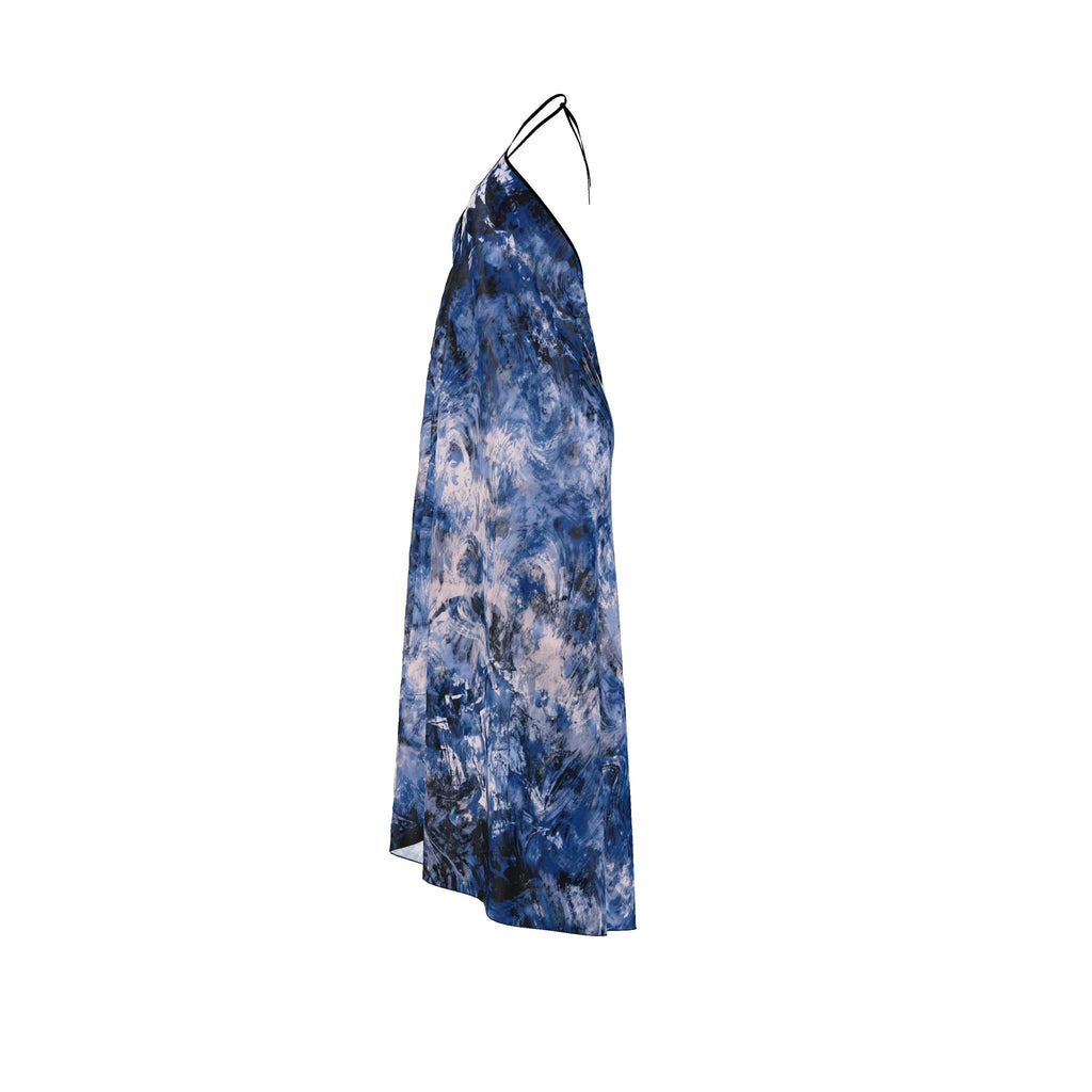 RINA J. Streetwear Elevate | Blue Abstract Silk Satin Halterneck Backless Dress Scarf Purse Sold Separately