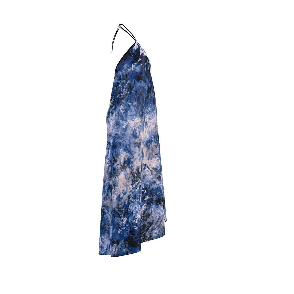 RINA J. Streetwear Elevate | Blue Abstract Silk Satin Halterneck Backless Dress Scarf Purse Sold Separately