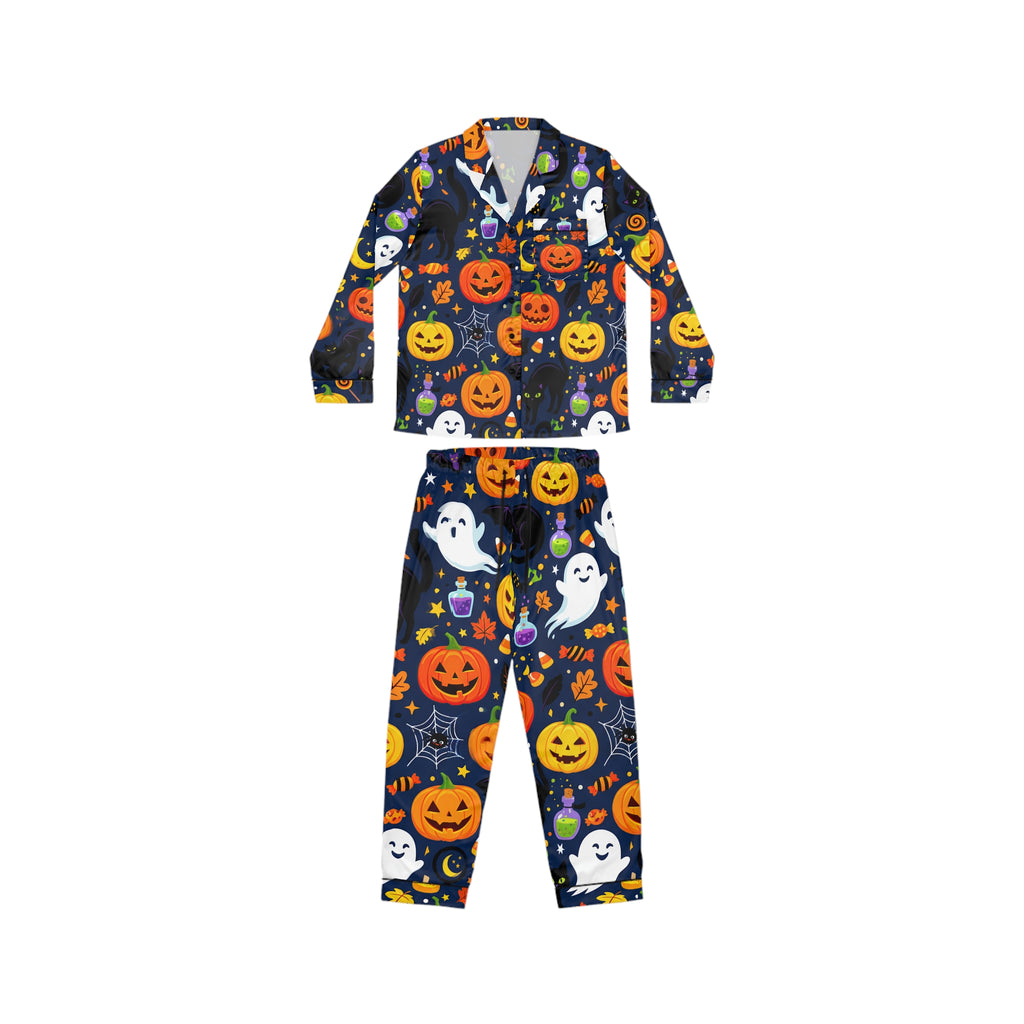 RINA J. Original | Halloween Satin Pajama Set | Pumpkin & Ghost Print Sleepwear