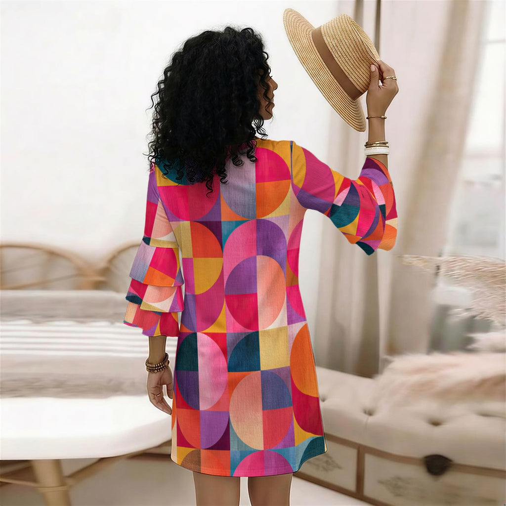 RINA J. Original "Circular Illusion" | Women's Stacked Ruffle Sleeve Dress