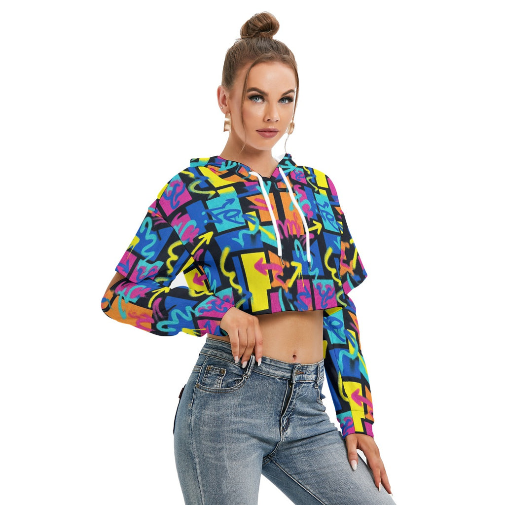 RINA J. "Neon Graffiti" | Signature Hollow-Sleeve Crop Hoodie