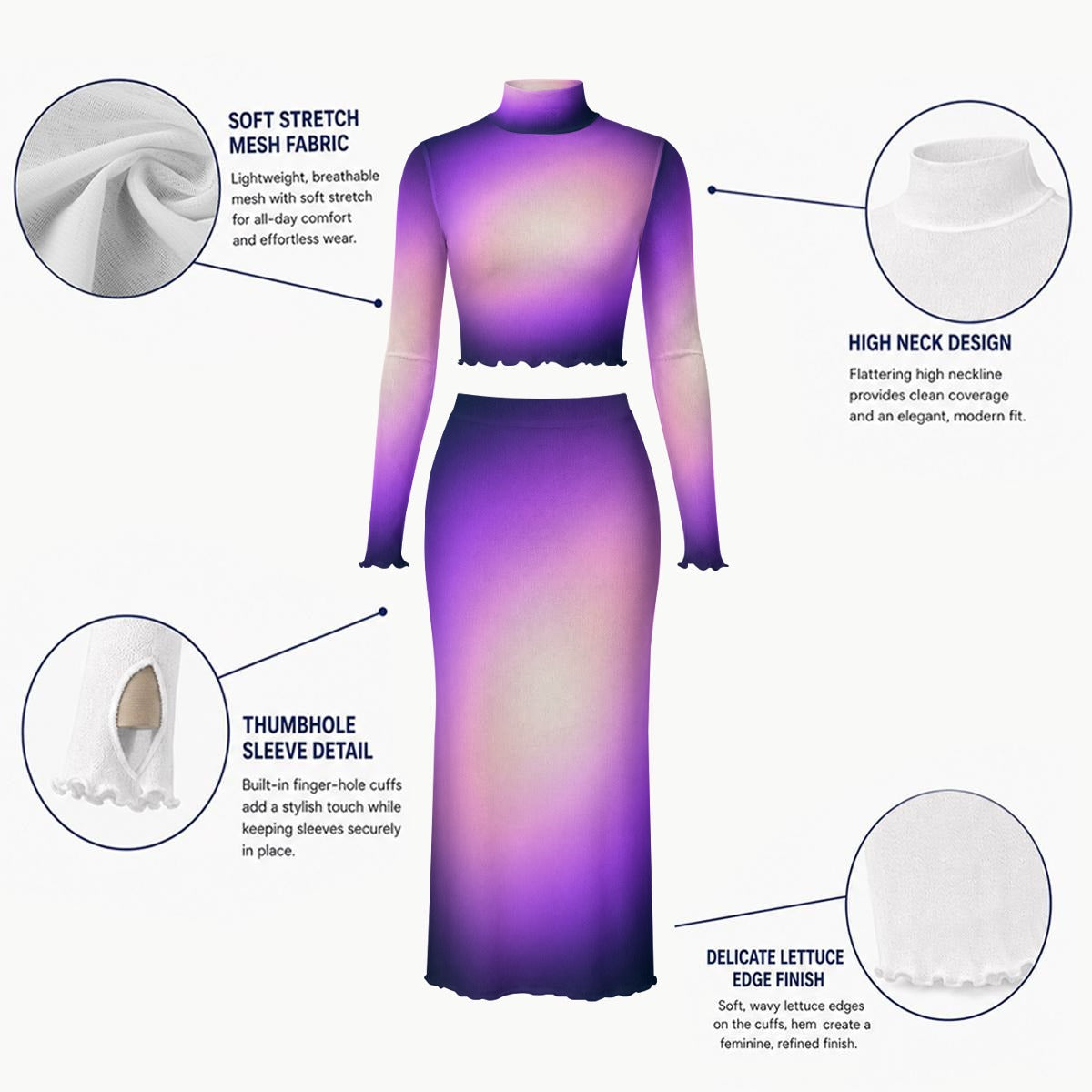 RINA J. Original "Lavender Haze" | Fade to Light Mesh Skirt Set