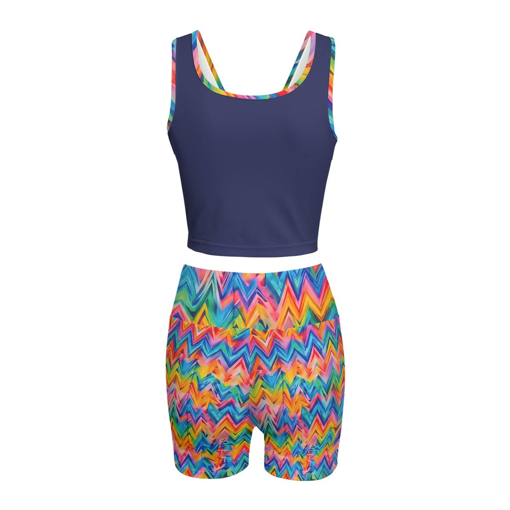 RINA J. Original "Neon Ride" | Rainbow Chevron Yoga Set in Shadow Blue | born out of the Shadow District & Cool Cat Creations