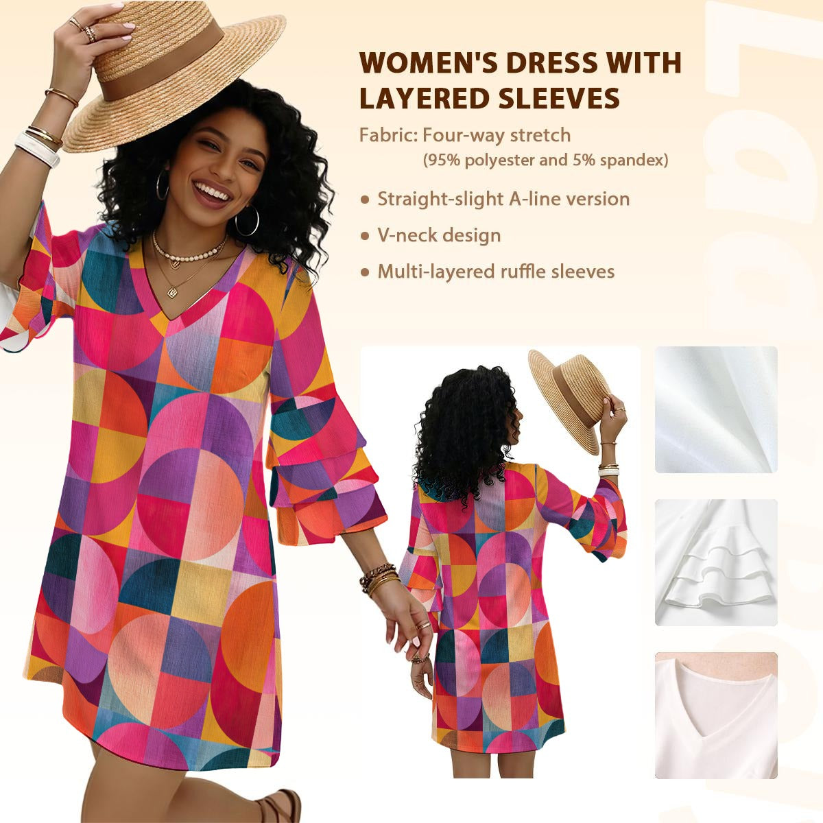 RINA J. Original "Circular Illusion" | Women's Stacked Ruffle Sleeve Dress