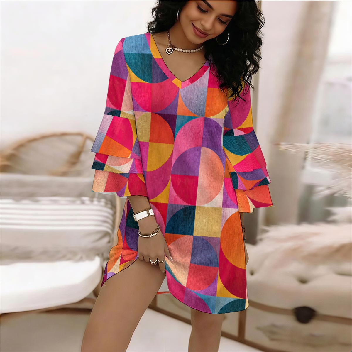 RINA J. Original "Circular Illusion" | Women's Stacked Ruffle Sleeve Dress
