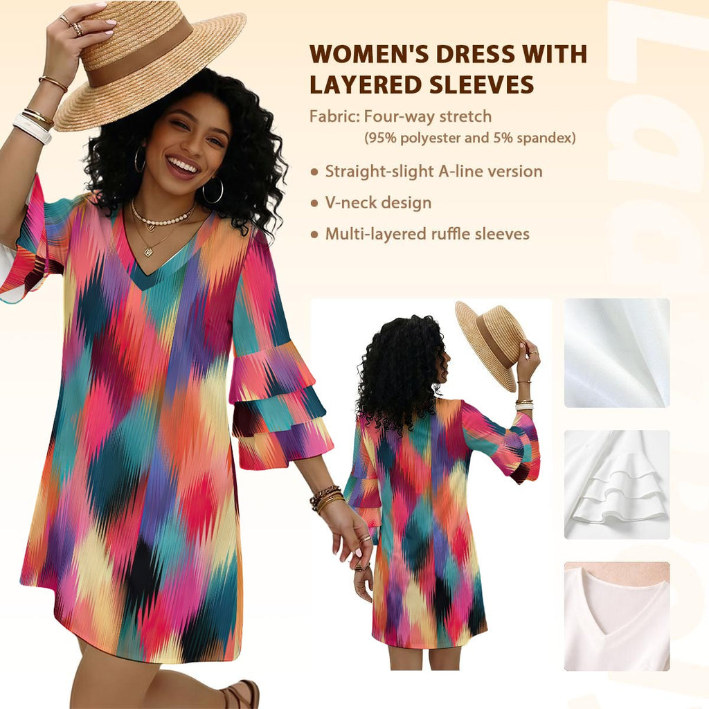 RINA J. Original "All A Blurr" | Women's Stacked Ruffle Sleeve Dress