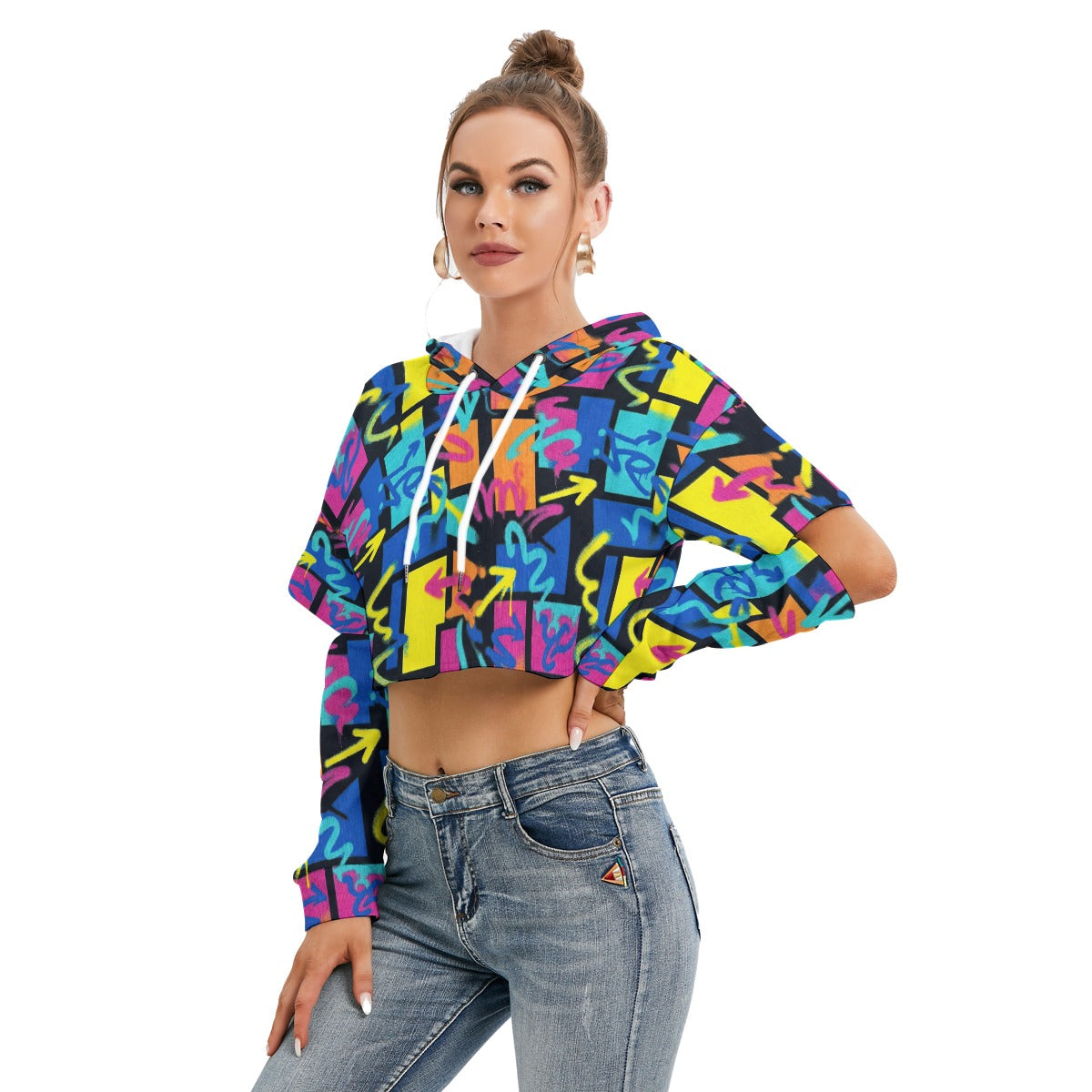 RINA J. "Neon Graffiti" | Signature Hollow-Sleeve Crop Hoodie