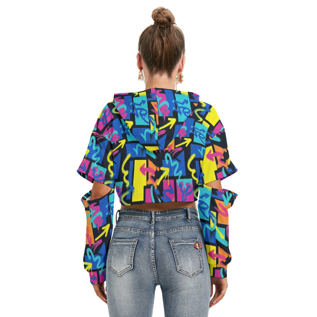 RINA J. "Neon Graffiti" | Signature Hollow-Sleeve Crop Hoodie