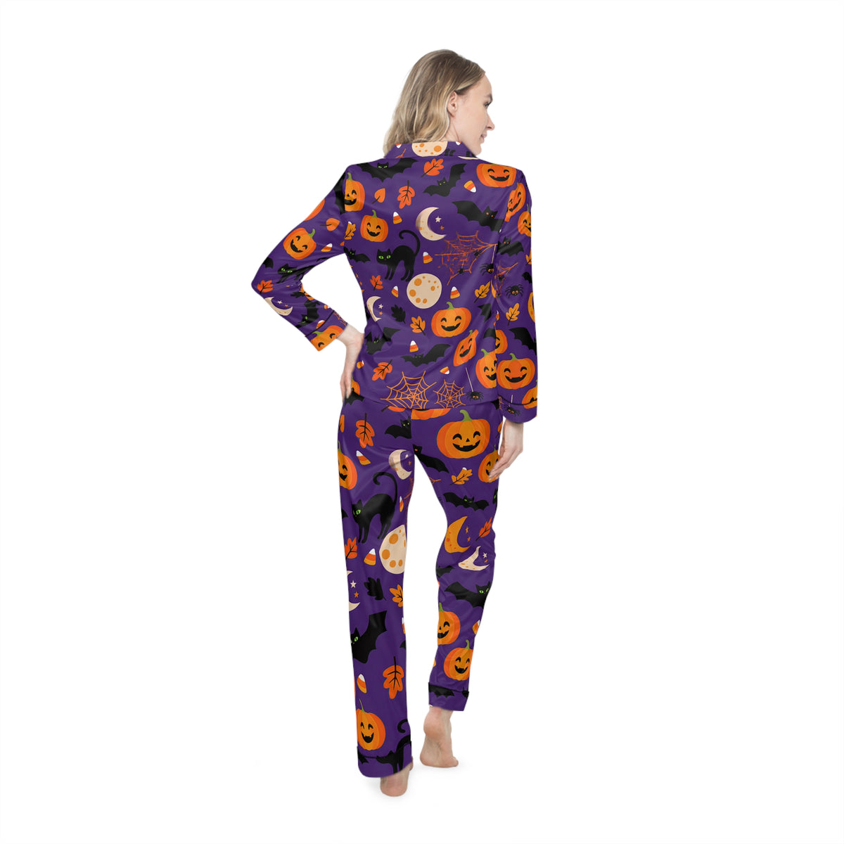 RINA J. Original | Halloween Satin Pajama Set | Purple Pumpkin & Black Cat Sleepwear