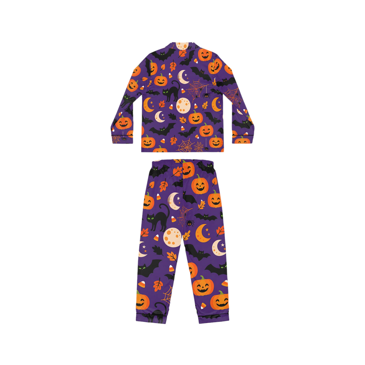 RINA J. Original | Halloween Satin Pajama Set | Purple Pumpkin & Black Cat Sleepwear