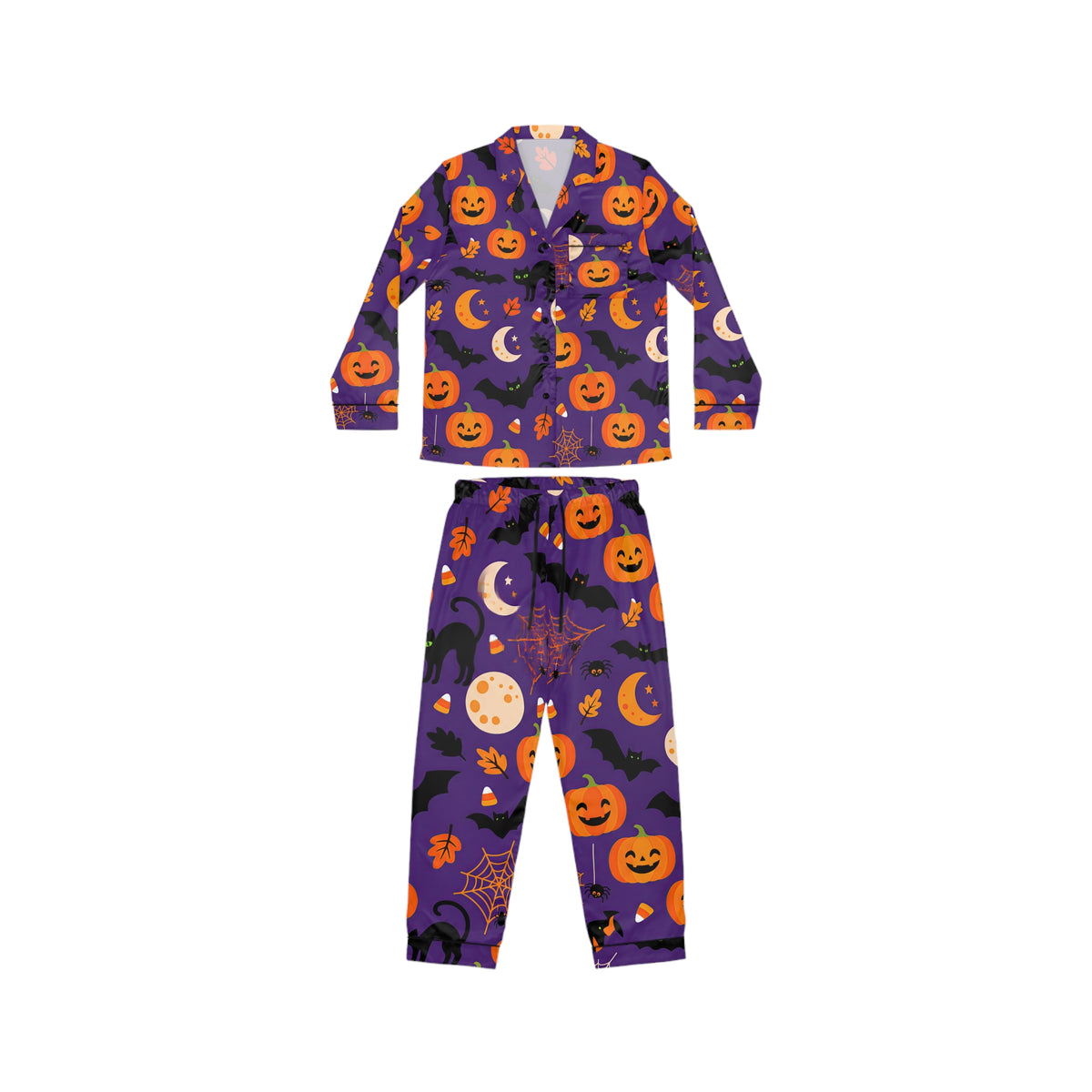 RINA J. Original | Halloween Satin Pajama Set | Purple Pumpkin & Black Cat Sleepwear