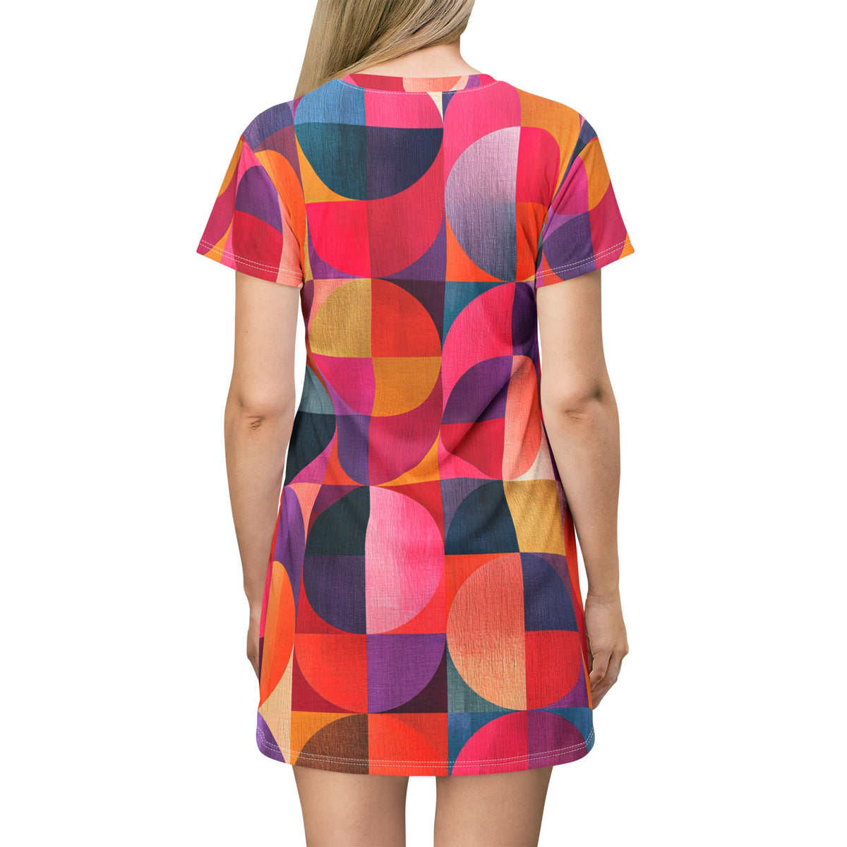 RINA J. Original Design "Circular Illusion" | Geometric Retro Circle Print T-Shirt Dress