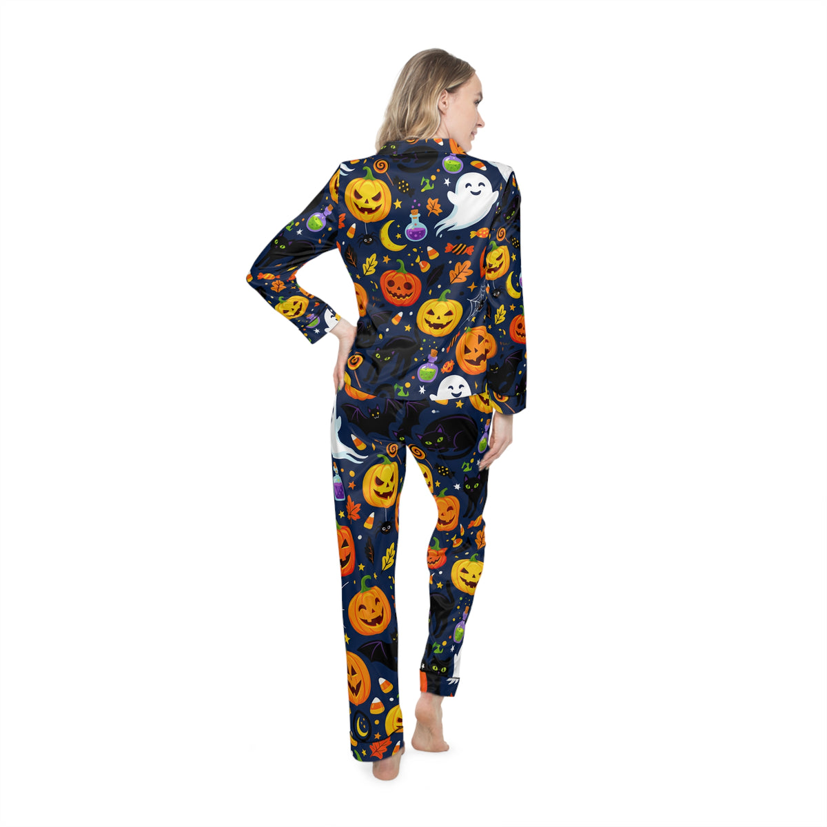 RINA J. Original | Halloween Satin Pajama Set | Pumpkin & Ghost Print Sleepwear