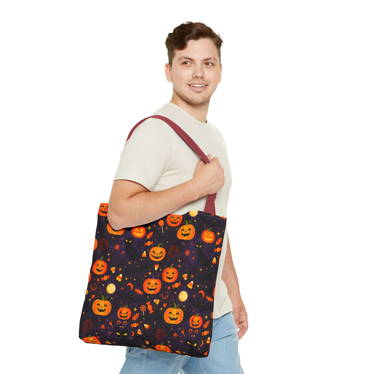 RINA J. Original | Halloween Pumpkin Pattern Tote Bag | Cute Jack-O'-Lantern All-Over Print