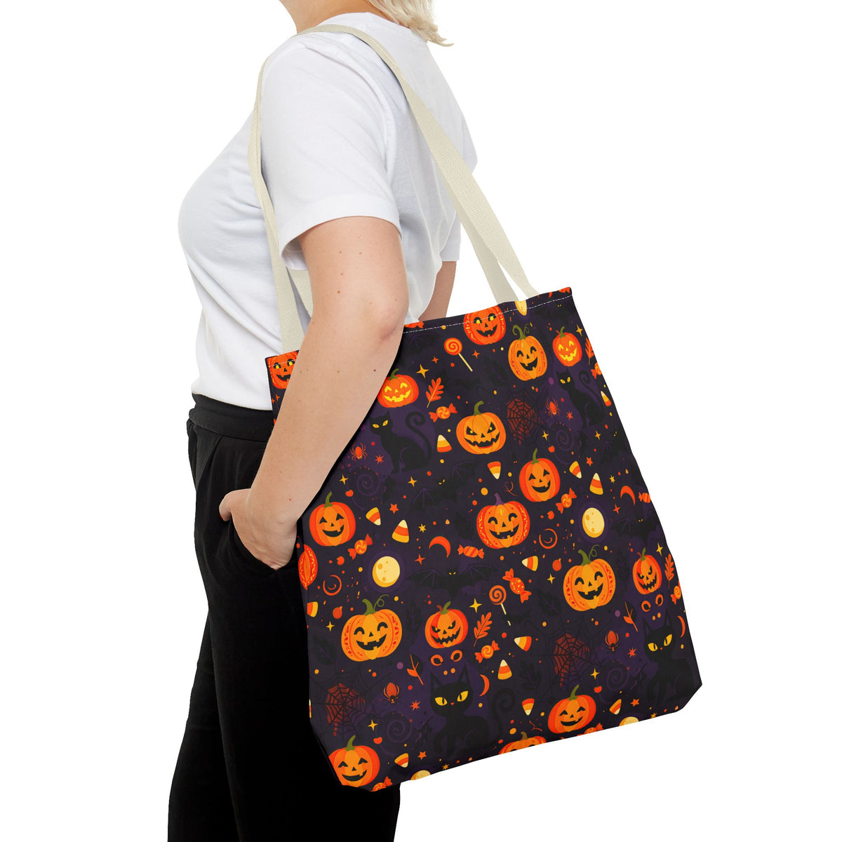 RINA J. Original | Halloween Pumpkin Pattern Tote Bag | Cute Jack-O'-Lantern All-Over Print