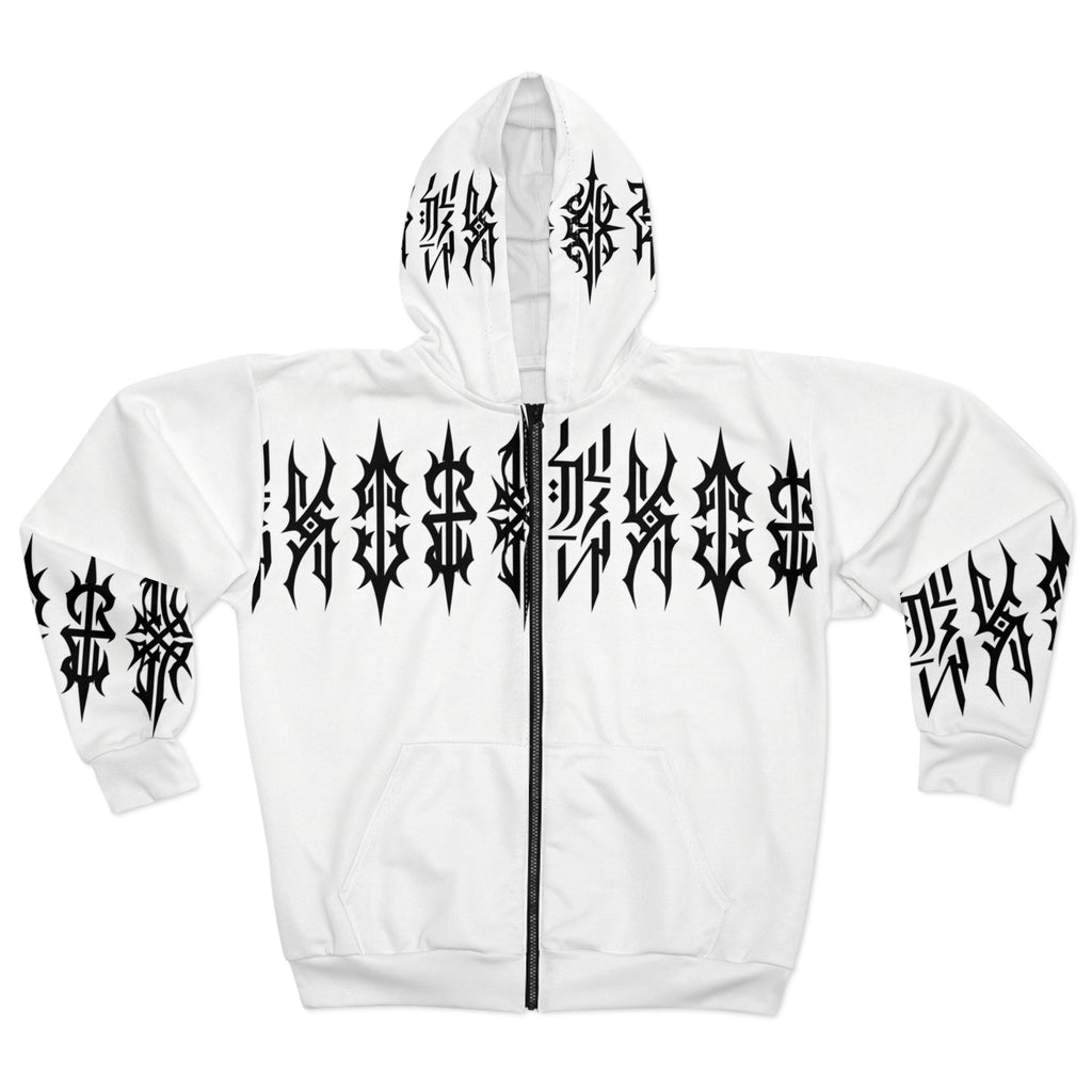 RINA J. Streetwear Original Black and White "Tribal Script" | Zip Hoodie