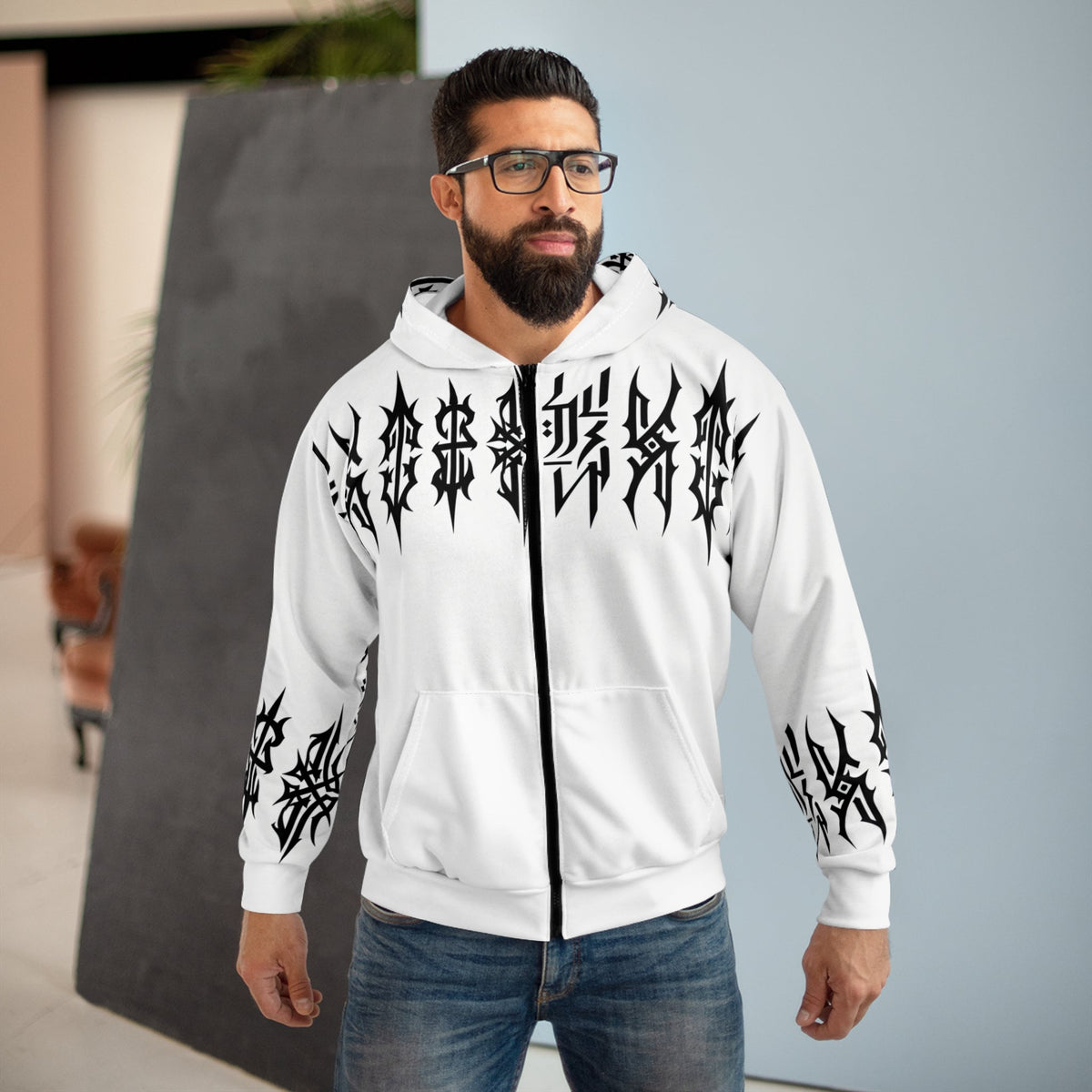 RINA J. Streetwear Original Black and White "Tribal Script" | Zip Hoodie