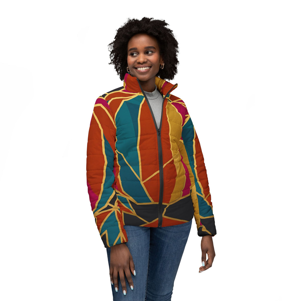 RINA J. Original "Pumpkin Spice" | Abstract Geometric Puffer Jacket