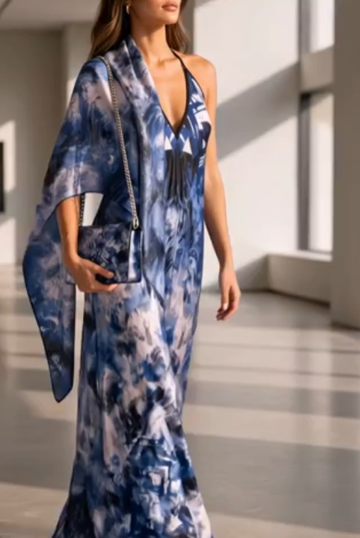 RINA J. Streetwear Elevate | Blue Abstract Silk Satin Halterneck Backless Dress Scarf Purse Sold Separately