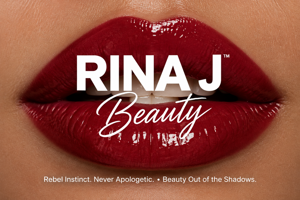 Cherry red lips with RINA J. Beauty logo and slogan