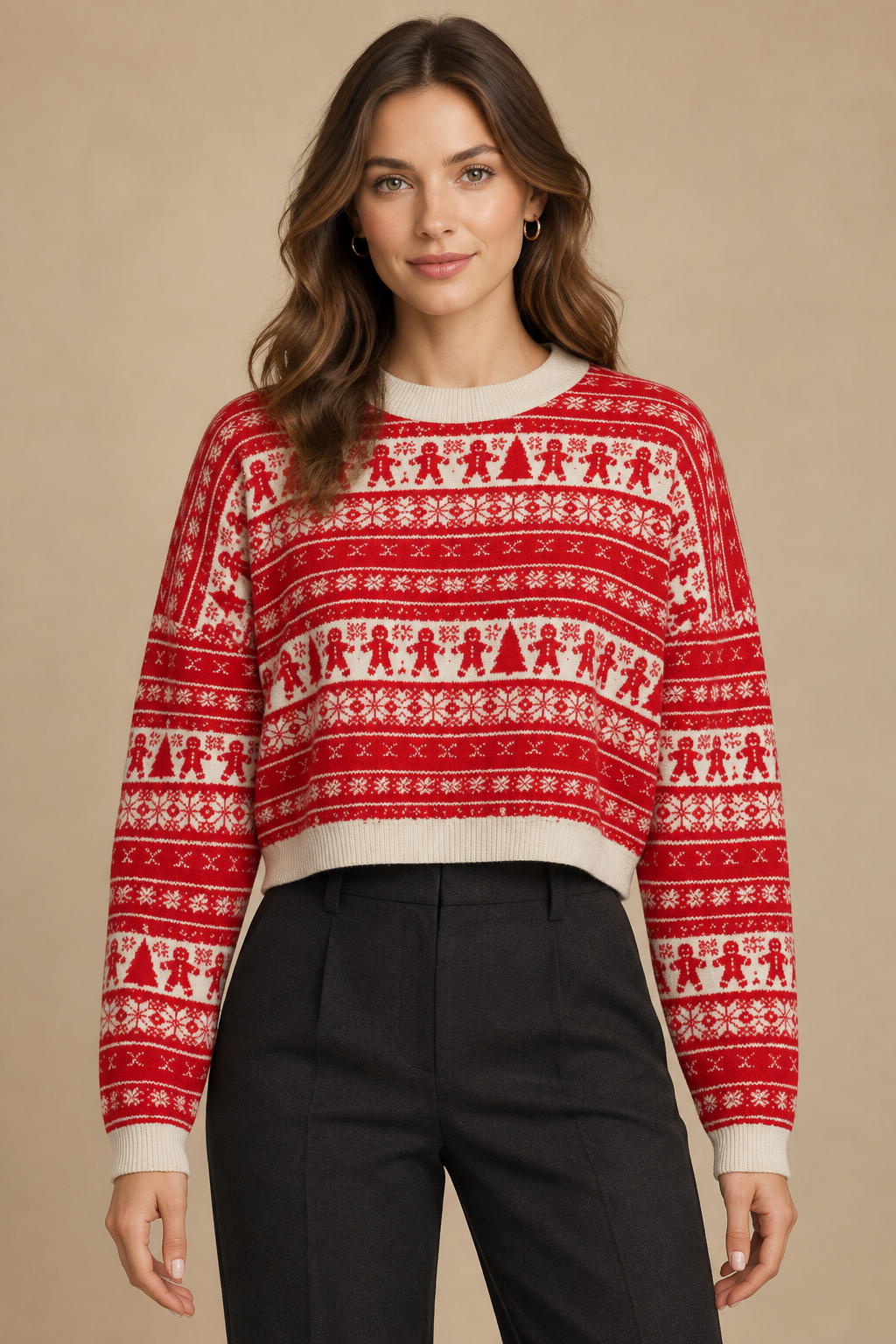 RINA J. ELEVATE | Crimson Noel Merino Jacquard Cropped Pullover