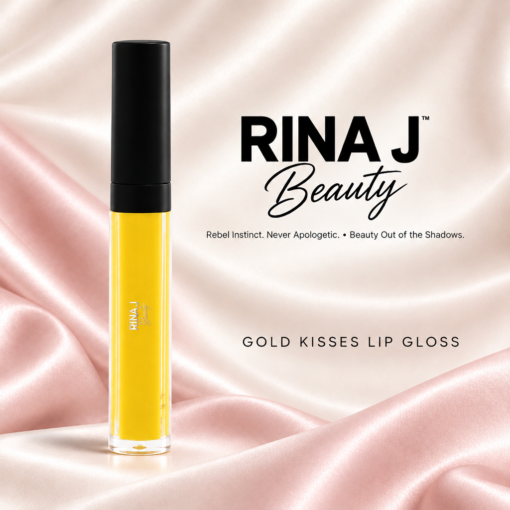 Gold Kisses Lip Gloss with matching RINA J. Beauty branding