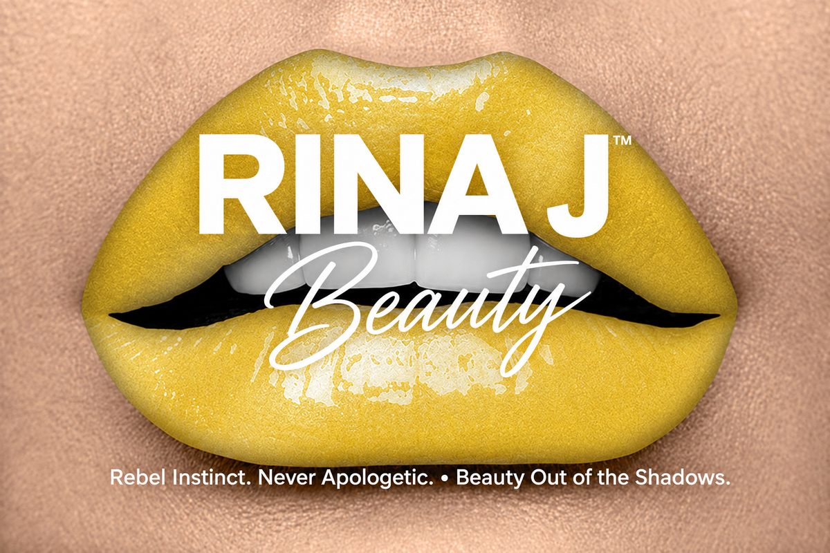 Gold Kisses lips with RINA J. Beauty logo and slogan