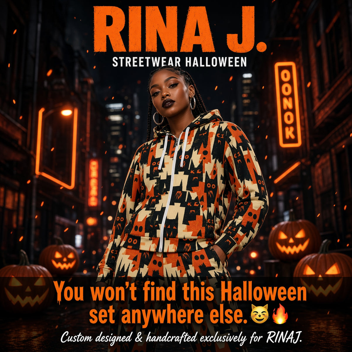 RINA J. Streetwear Original “Shadow Cat Riot” | Halloween Zip Hoodie & Jogger Set