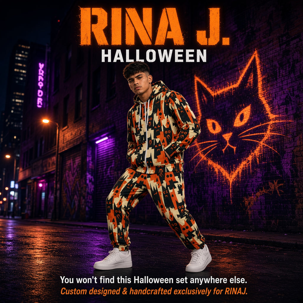 RINA J. Streetwear Original “Shadow Cat Riot” | Halloween Zip Hoodie & Jogger Set