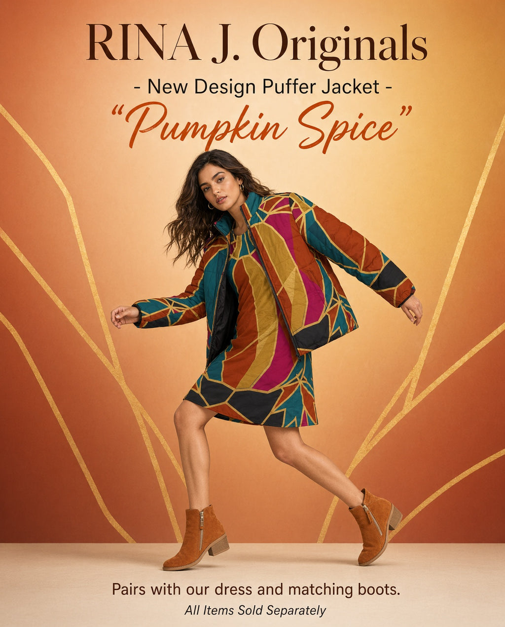 RINA J. Original "Pumpkin Spice" | Abstract Geometric Puffer Jacket